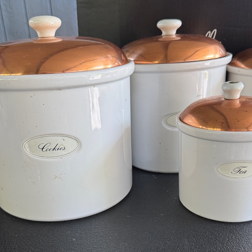 Vintage 4 pcs White and Copper Ceramic Canister Set